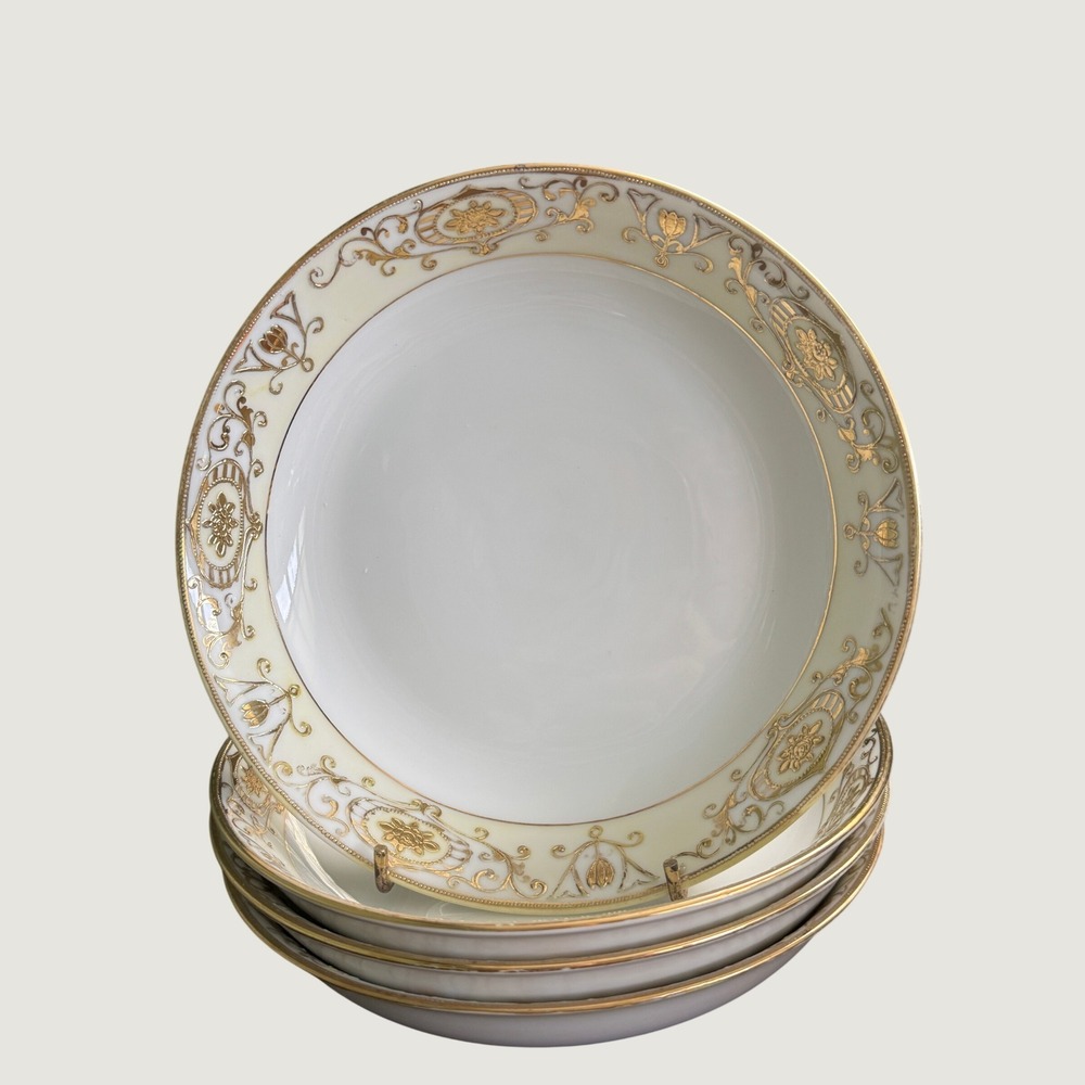Four Vintage Noritake Christmas Ball 175 Gold Scroll Floral 7.5" Bowls